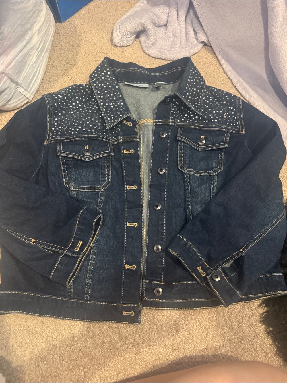 Chico's Dark Blue Denim Jacket with Studded Yoke